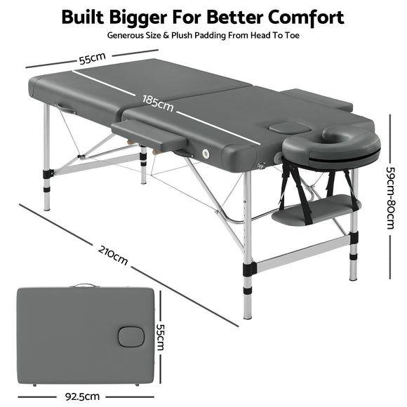 Zenses Massage Table 55cm 2 Fold Aluminium Massage Bed Portable Beauty Therapy Grey