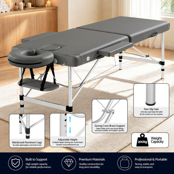 Zenses Massage Table 55cm 2 Fold Aluminium Massage Bed Portable Beauty Therapy Grey