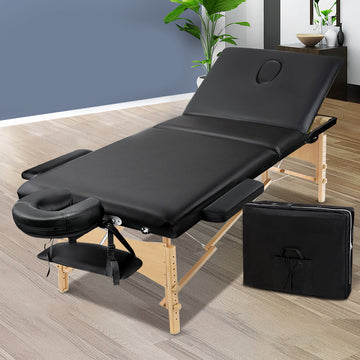 Zenses Massage Table 75cm 3 Fold Wooden Portable Beauty Therapy Bed Waxing Black