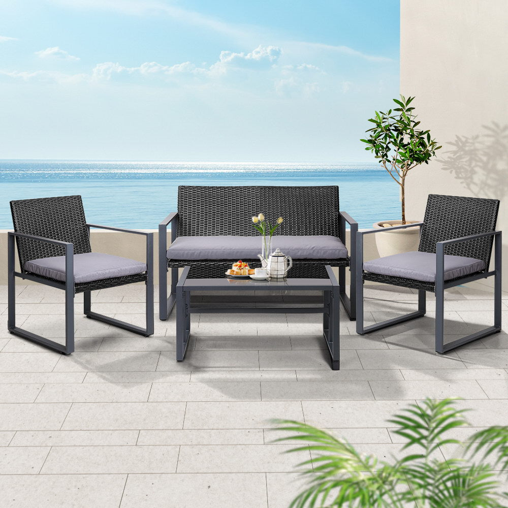 Gardeon 4 PCS Outdoor Sofa Set Rattan Furniture Glass Top Table Chairs Black