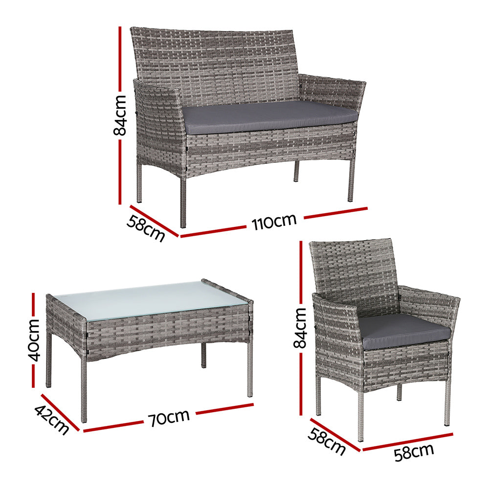 Gardeon 4 Seater Outdoor Sofa Set Wicker Setting Table Chair Furniture Grey - 0