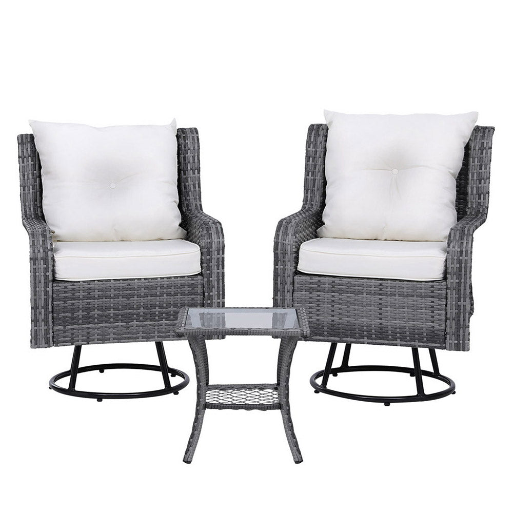 Gardeon 3PC Outdoor Furniture Bistro Set Lounge Wicker Swivel Chairs Table Cushion Grey - 0