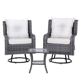 Gardeon 3PC Outdoor Furniture Bistro Set Lounge Wicker Swivel Chairs Table Cushion Grey - 0