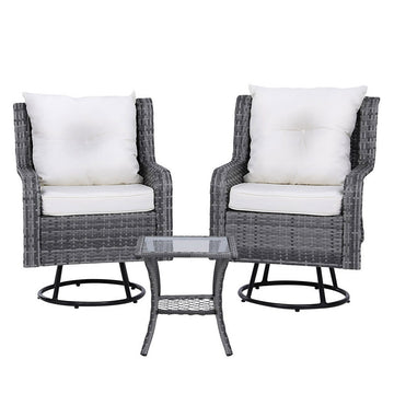 Gardeon 3PC Outdoor Furniture Bistro Set Lounge Wicker Swivel Chairs Table Cushion Grey - 0