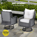 Gardeon 3PC Outdoor Furniture Bistro Set Lounge Wicker Swivel Chairs Table Cushion Grey-5