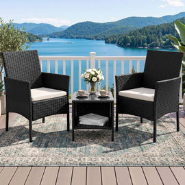 Gardeon 3PC Outdoor Bistro Set Patio Furniture Wicker Setting Chairs Table Cushion Black