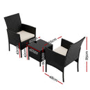 Gardeon 3PC Outdoor Bistro Set Patio Furniture Wicker Setting Chairs Table Cushion Black-2