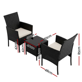 Gardeon 3PC Outdoor Bistro Set Patio Furniture Wicker Setting Chairs Table Cushion Black - 0