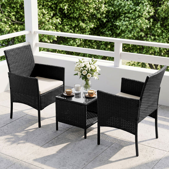 Gardeon 3PC Outdoor Bistro Set Patio Furniture Wicker Setting Chairs Table Cushion Black