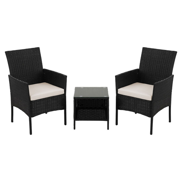 Gardeon 3PC Outdoor Bistro Set Patio Furniture Wicker Setting Chairs Table Cushion Black