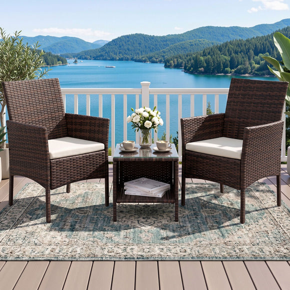 Gardeon 3PC Outdoor Bistro Set Patio Furniture Wicker Setting Chairs Table Cushion Brown