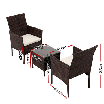 Gardeon 3PC Outdoor Bistro Set Patio Furniture Wicker Setting Chairs Table Cushion Brown - 0