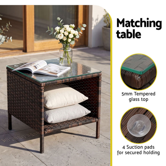 Gardeon 3PC Outdoor Bistro Set Patio Furniture Wicker Setting Chairs Table Cushion Brown