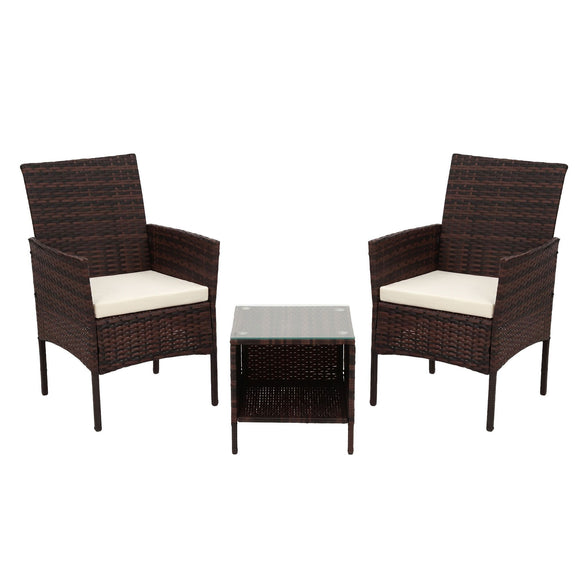 Gardeon 3PC Outdoor Bistro Set Patio Furniture Wicker Setting Chairs Table Cushion Brown