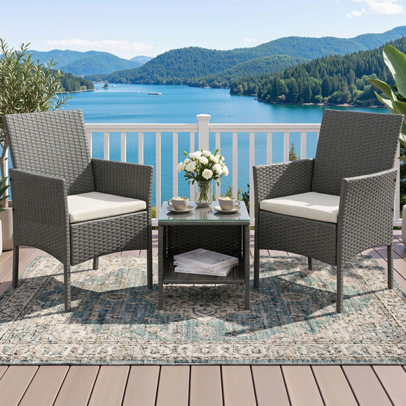 Gardeon 3PC Outdoor Bistro Set Patio Furniture Wicker Setting Chairs Table Cushion Grey