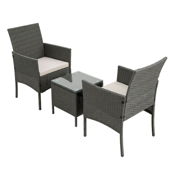 Gardeon 3PC Outdoor Bistro Set Patio Furniture Wicker Setting Chairs Table Cushion Grey