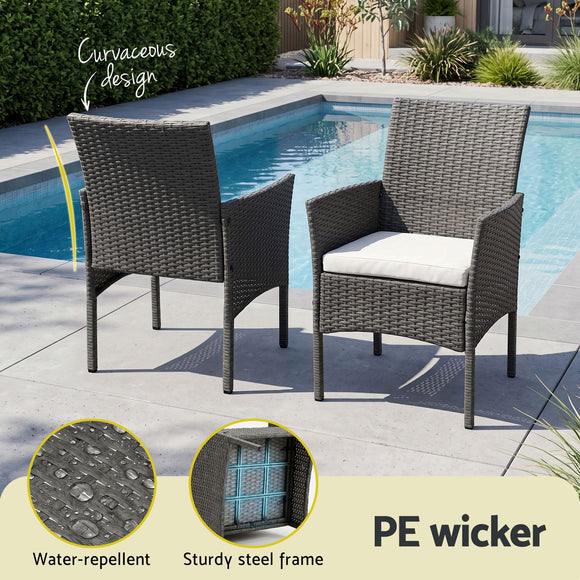 Gardeon 3PC Outdoor Bistro Set Patio Furniture Wicker Setting Chairs Table Cushion Grey
