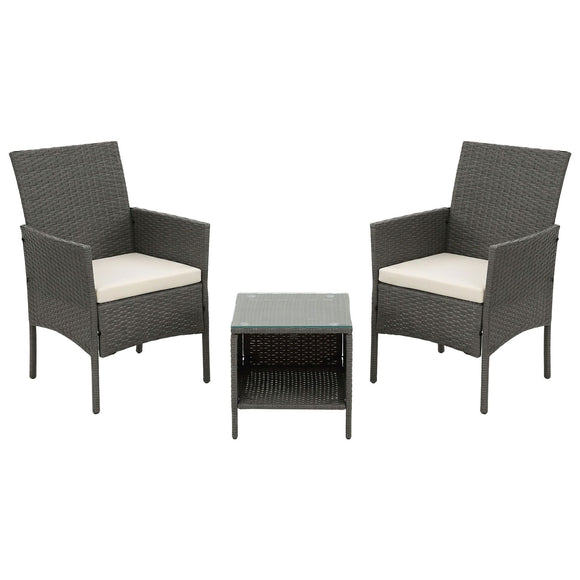 Gardeon 3PC Outdoor Bistro Set Patio Furniture Wicker Setting Chairs Table Cushion Grey