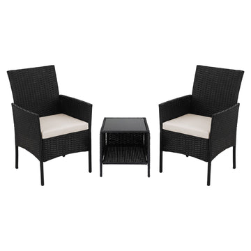 Gardeon 3PC Outdoor Bistro Set Patio Furniture Wicker Chairs Table Cushion All Black - 0