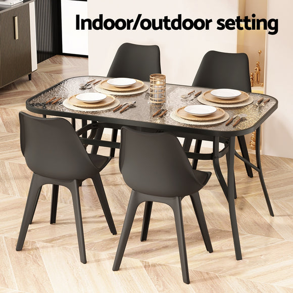 Gardeon 140CM Outdoor Dining Table Steel Frame Tempered Glass Parasol Hole Black