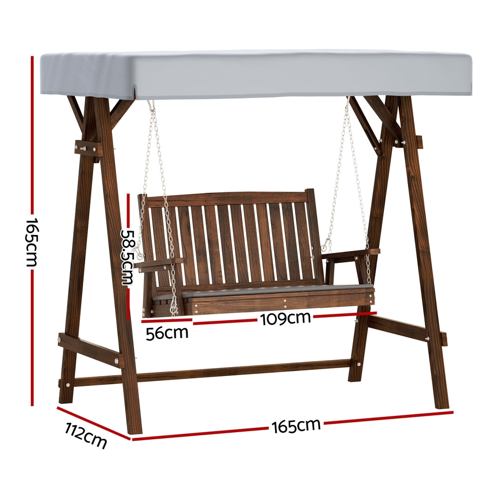 Gardeon Outdoor Wooden Swing Chair Garden Bench Canopy Cushion 2 Seater Charcoal - 0