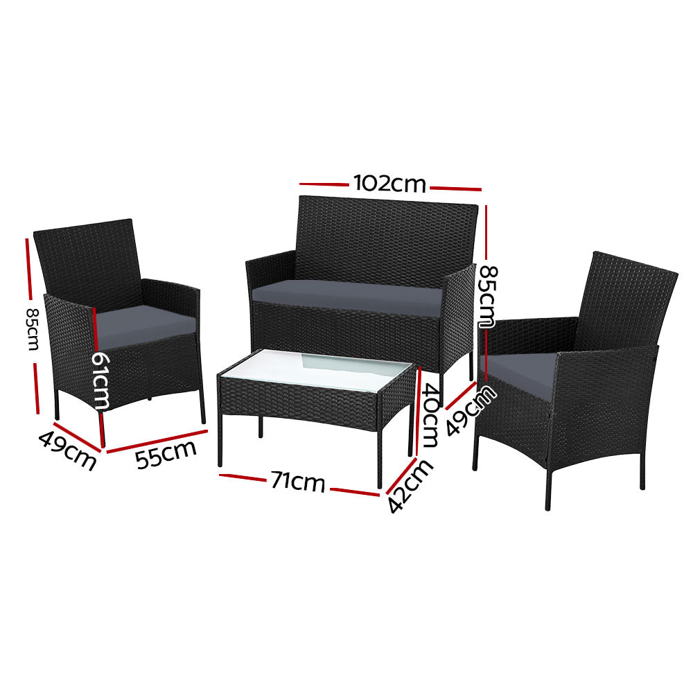 Gardeon 4 Seater Outdoor Sofa Set with Storage Cover Wicker Table Chair Black - 0