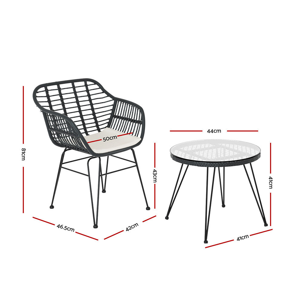 Gardeon 3PC Outdoor Furniture Bistro Set Lounge Setting Table Chairs Cushion Patio Grey - 0