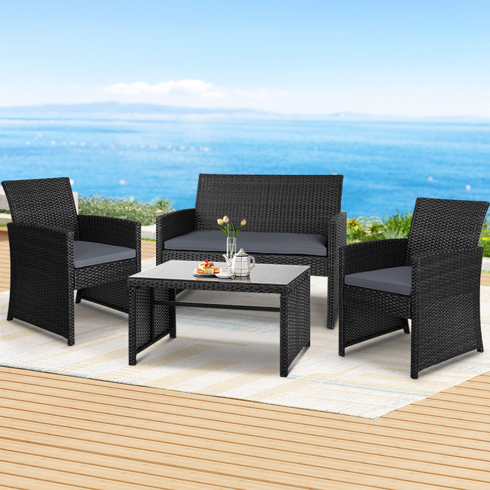 Gardeon 4 PCS Outdoor Sofa Set Rattan Chair Table Setting Garden Furniture Black