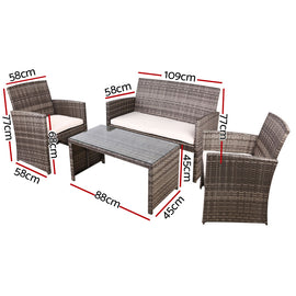 Gardeon 4 PCS Outdoor Sofa Set with Storage Cover Rattan Chair Furniture Grey - 0