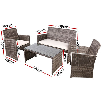 Gardeon 4 PCS Outdoor Sofa Set with Storage Cover Rattan Chair Furniture Grey - 0