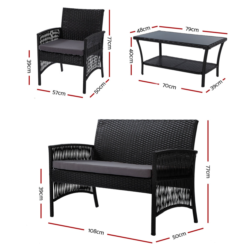 Gardeon 4PCS Outdoor Sofa Set Wicker Harp Chair Table Garden Furniture Black - 0