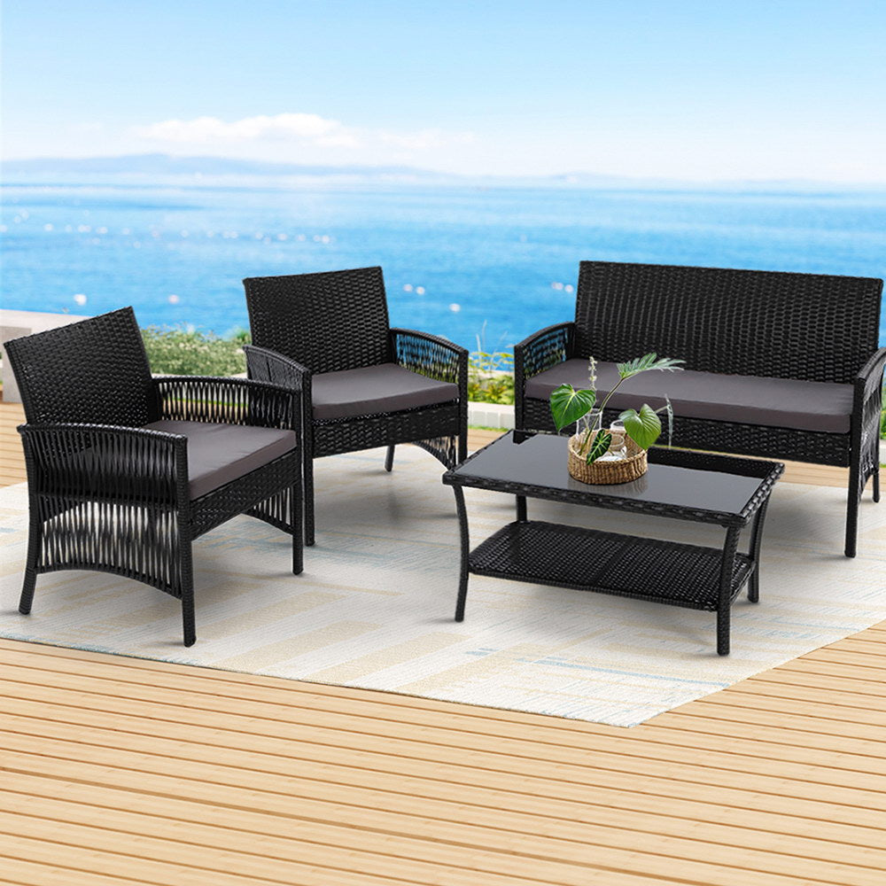 Gardeon 4PCS Outdoor Sofa Set Wicker Harp Chair Table Garden Furniture Black