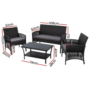 Gardeon 4PCS OutdoorSofa Set with Storage Cover Wicker Harp Chair Table Black - 0