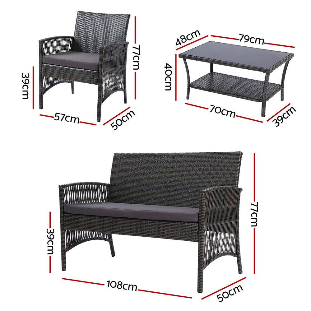 Gardeon 4PCS Outdoor Sofa Set Wicker Harp Chair Table Garden Furniture Grey - 0