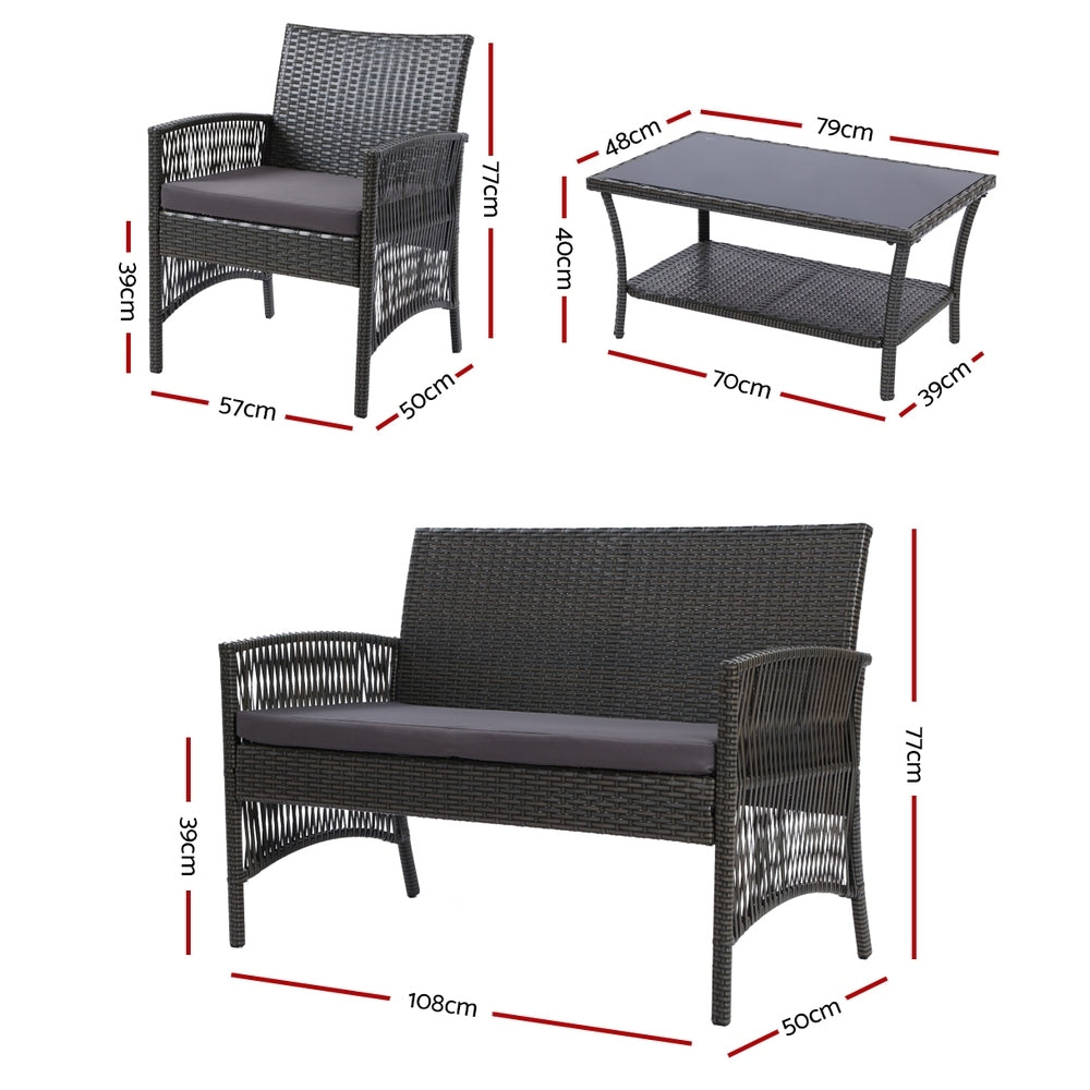 Gardeon 4PCS Outdoor Sofa Set Wicker Harp Chair Table Garden Furniture Grey - 0