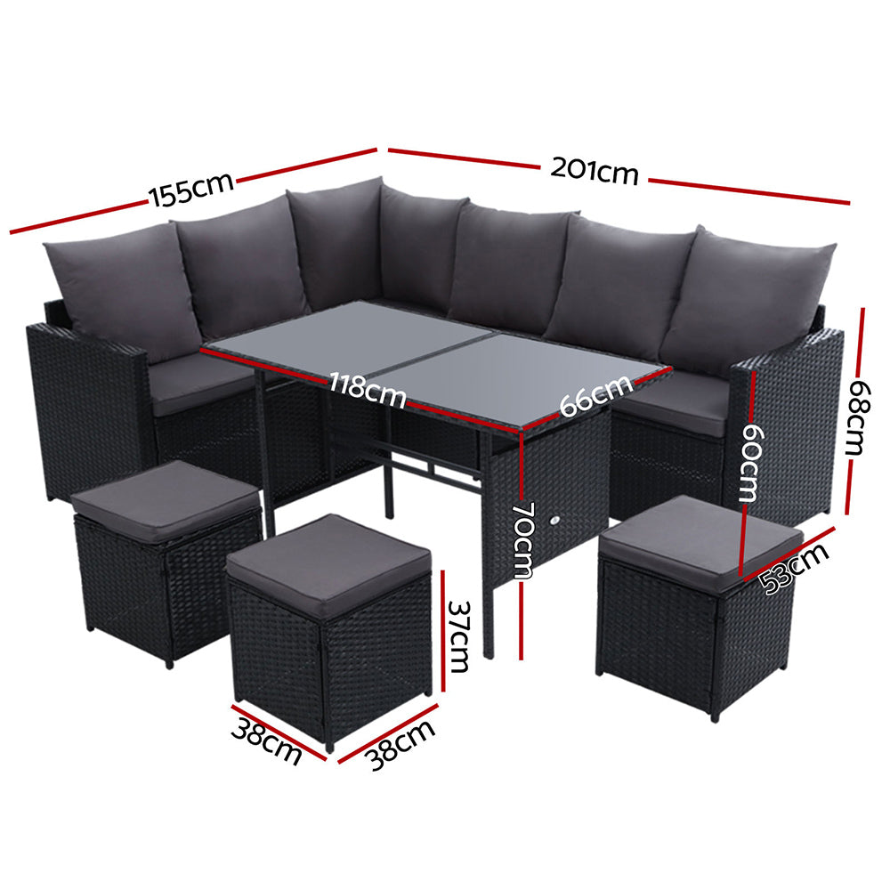 Gardeon Outdoor Dining Set Sofa Lounge Setting Chairs Table Ottoman Black Cover - 0