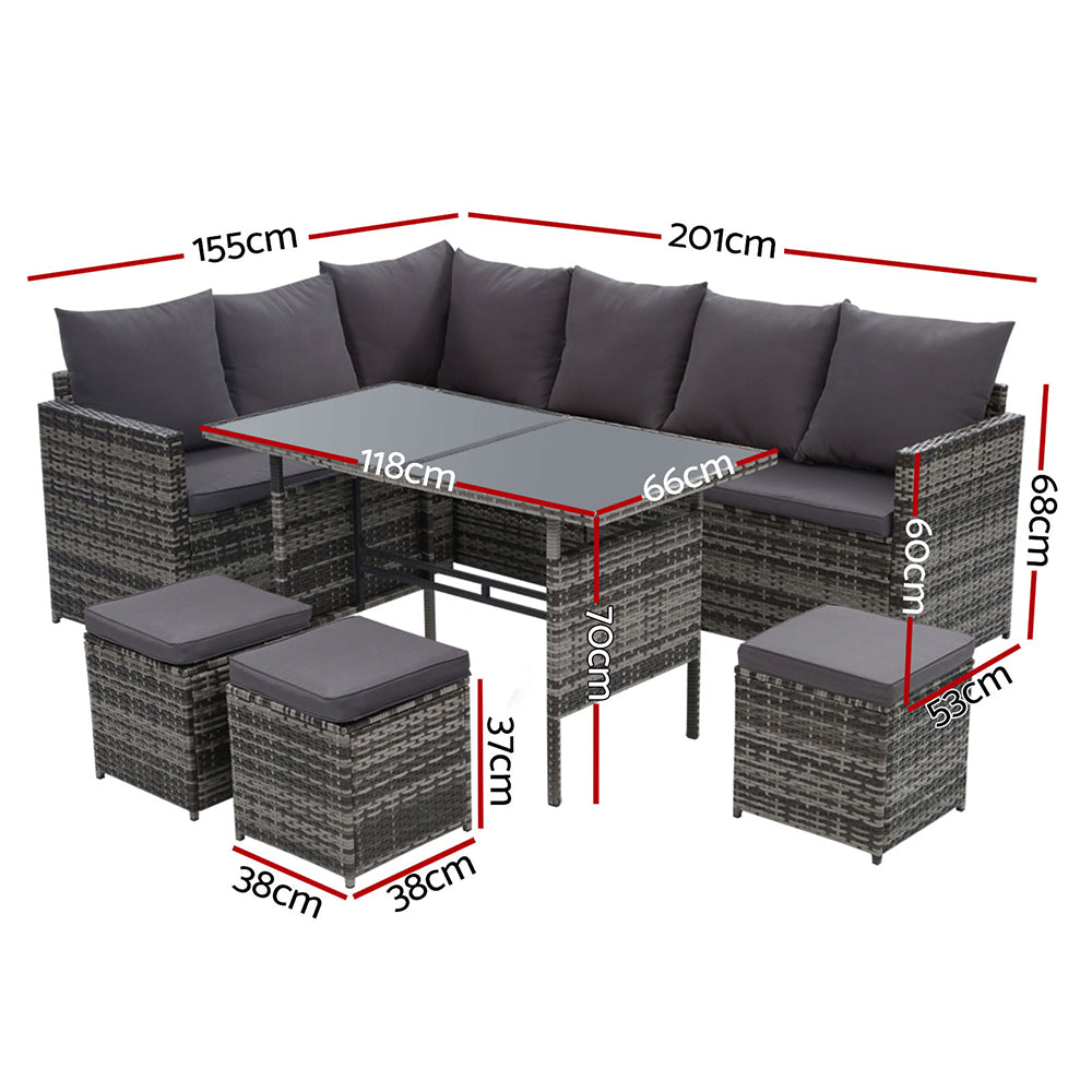 Gardeon Outdoor Furniture Dining Setting Sofa Set Lounge Wicker 9 Seater Mixed Grey - 0