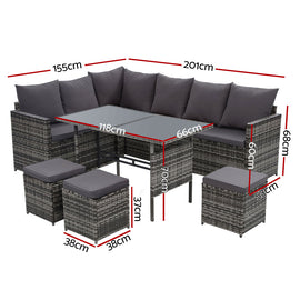 Gardeon Outdoor Furniture Dining Setting Sofa Set Lounge Wicker 9 Seater Mixed Grey - 0