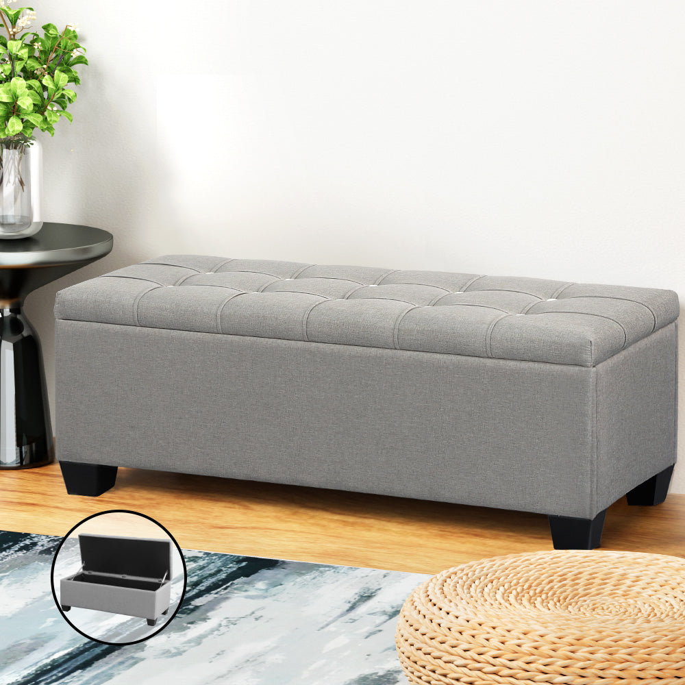 Artiss Storage Ottoman Blanket Box 97cm Button Linen Grey