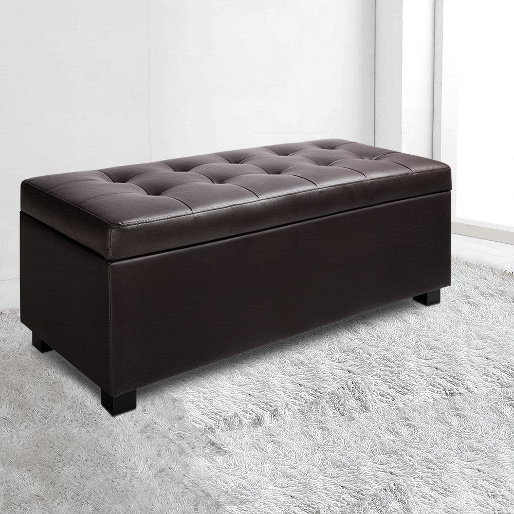 Artiss Storage Ottoman Blanket Box 97cm Leather Brown