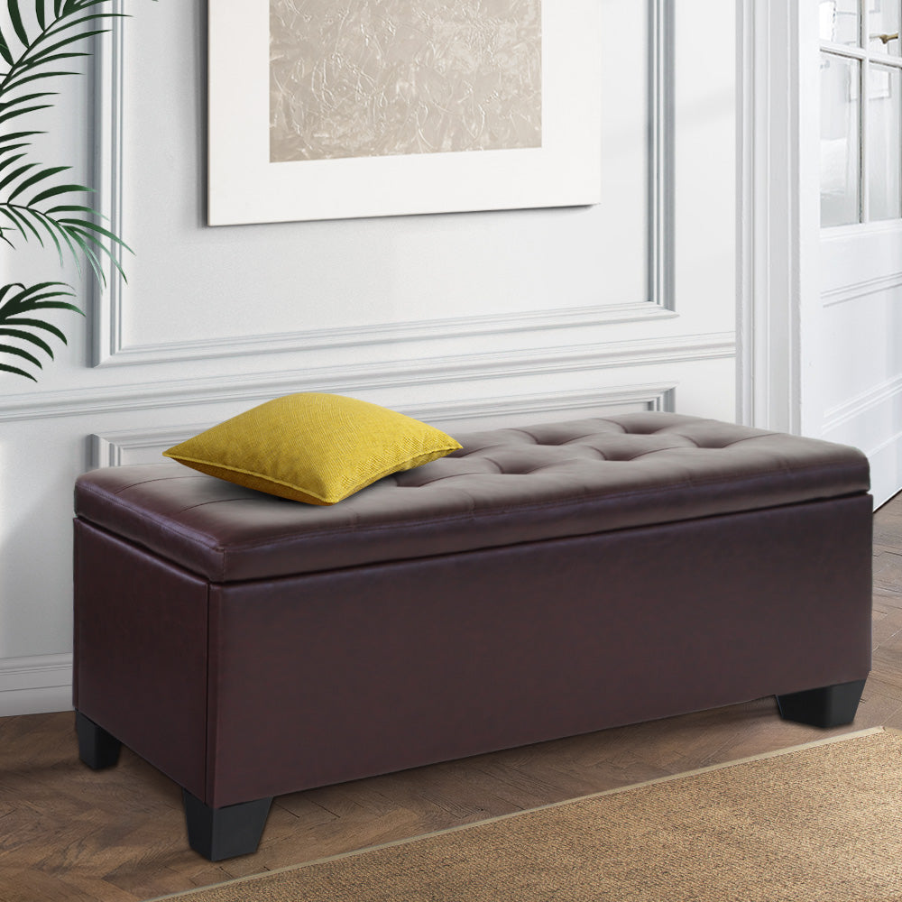 Artiss Storage Ottoman Blanket Box 97cm Leather Brown