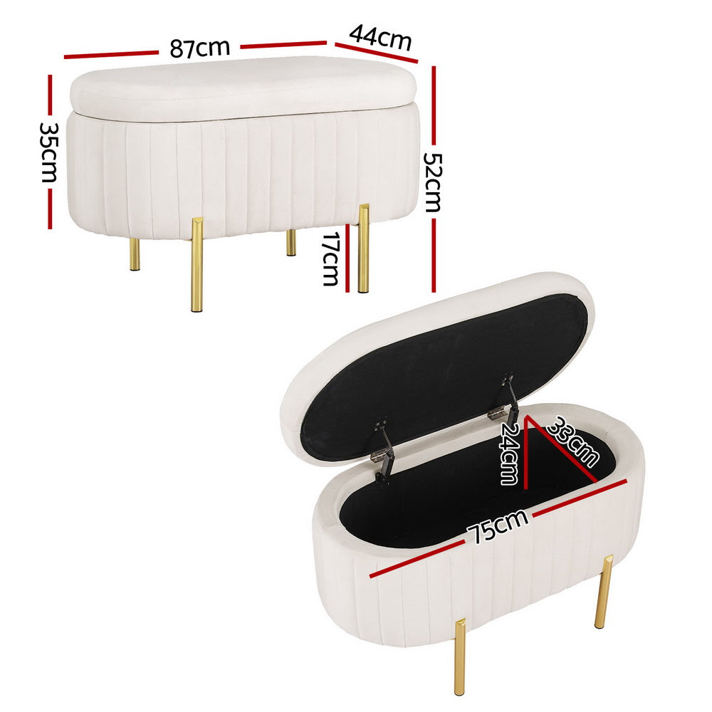 Artiss Storage Ottoman Blanket Box 87cm Velvet Oval White - 0