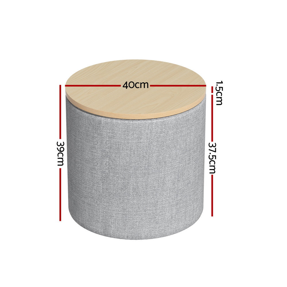 Artiss Storage Ottoman Blanket Box 40cm Linen Round Grey - 0