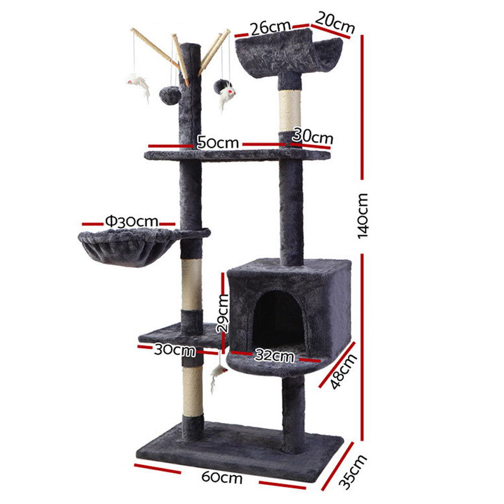 i.Pet Cat Tree 140cm Tower Scratching Post Scratcher Trees Toys Condo Bed Grey - 0