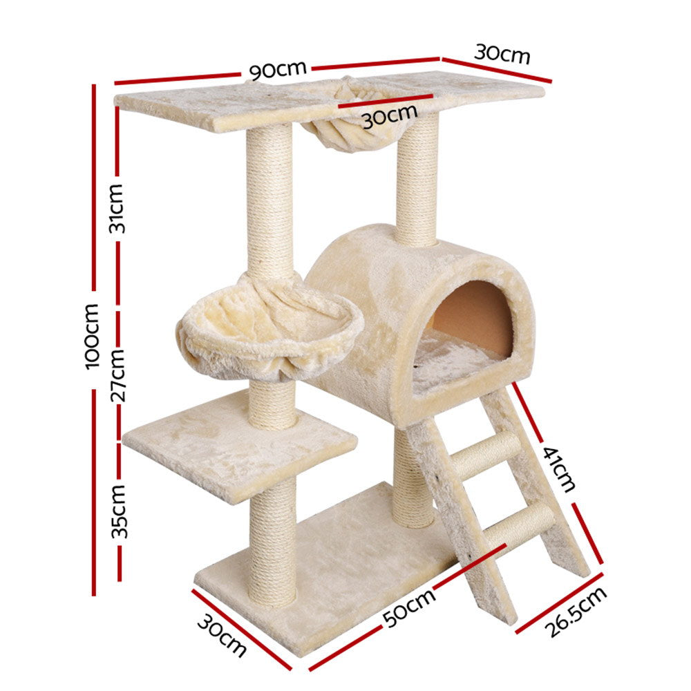 i.Pet Cat Tree 100cm Tower Scratching Post Scratcher Condo House Trees Bed Beige - 0