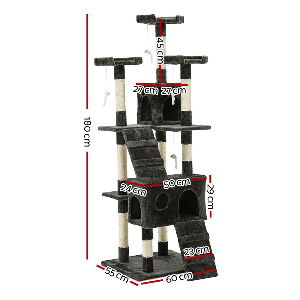 i.Pet Cat Tree 180cm Tower Scratching Post Scratcher Wood Condo House Toys Grey - 0
