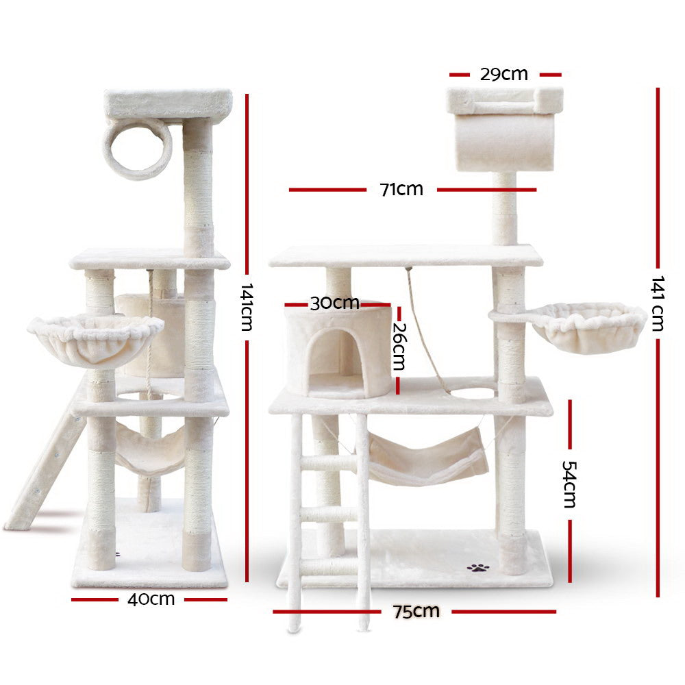 i.Pet Cat Tree 141cm Tower Scratching Post Scratcher Condo Wood House Bed Beige - 0