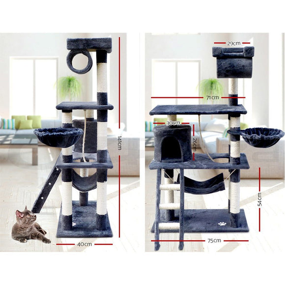 i.Pet Cat Tree 141cm Tower Scratching Post Scratcher Condo Wood House Bed Grey