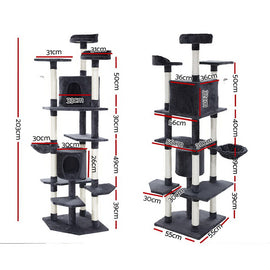 i.Pet Cat Tree 203cm Tower Scratching Post Scratcher Condo Trees House Bed Grey - 0