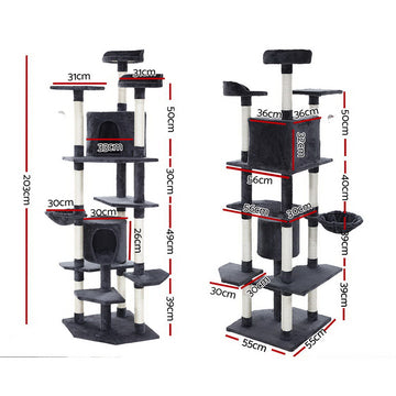 i.Pet Cat Tree 203cm Tower Scratching Post Scratcher Condo Trees House Bed Grey - 0